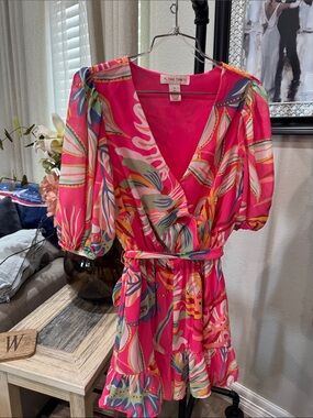 Flying Tomato Pink Tropical Print Wrap romper